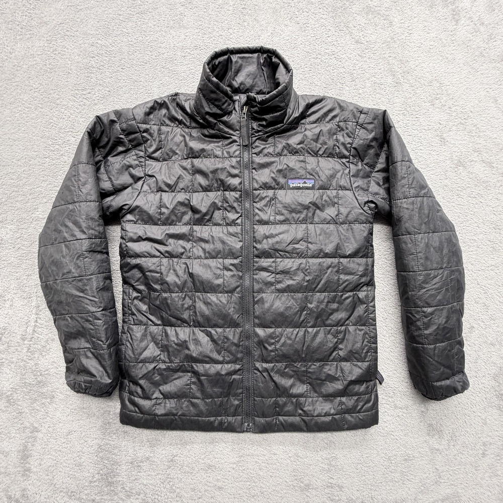 Patagonia Jacket Youth Small Black Puffer‎ Insulated Zip Hooded Winter Logo